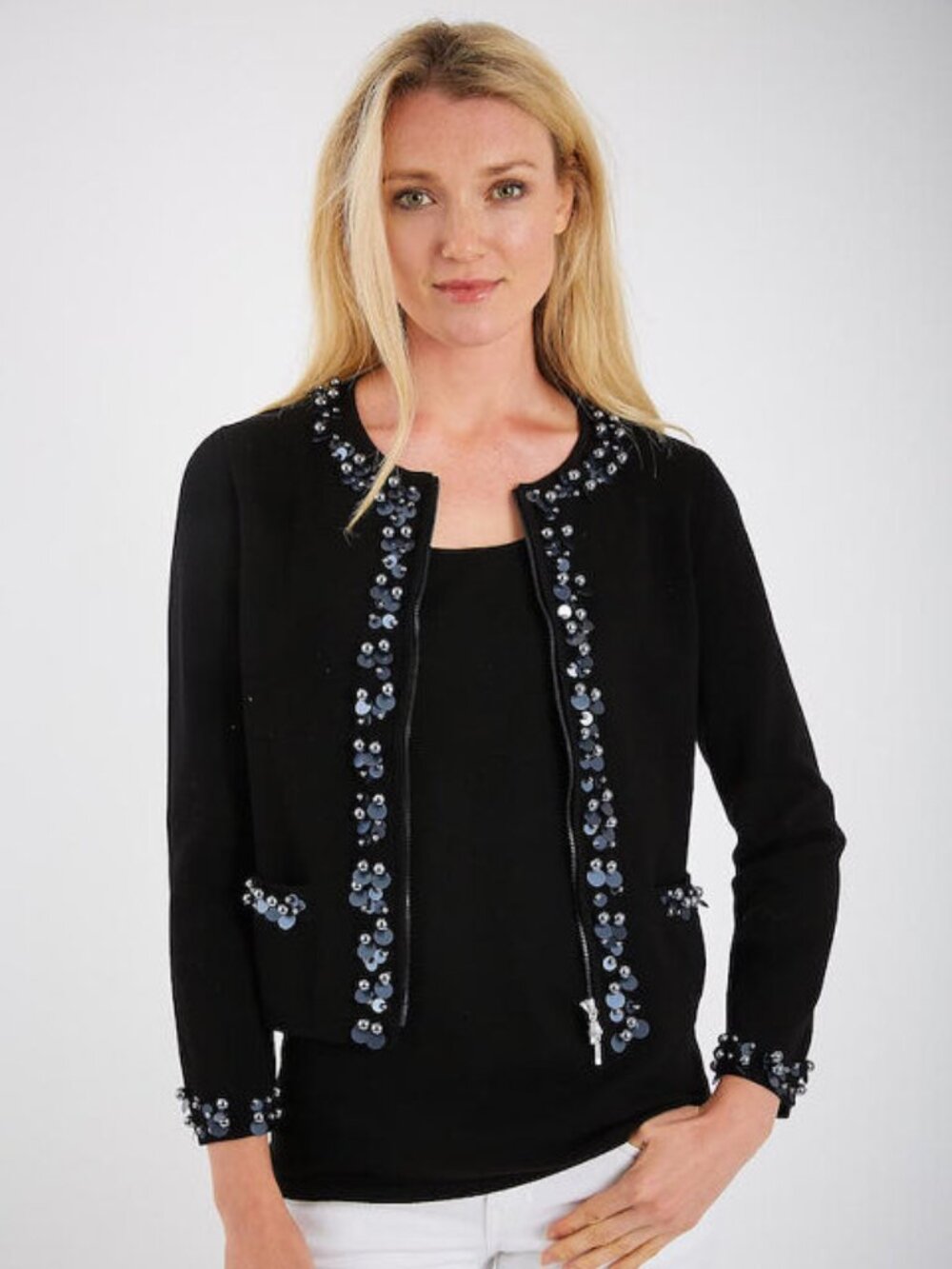 Pima Cotton Half Milano Cardigan w/Beaded Trim Bracelet Length Sleeves